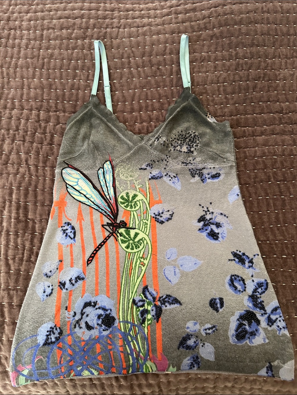 Floral Dragonfly Velvet Tank Top in Olive Green